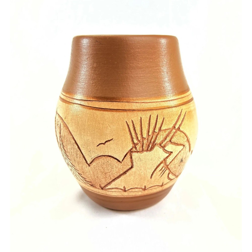 Vintage Navajo Pueblo Pottery Carved Vase Medium 5" Signed P. Blackhorse Etched